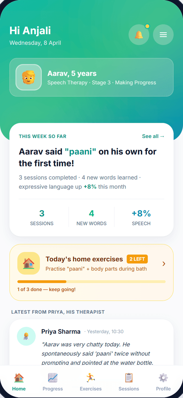 Parent View — Session updates & home exercises